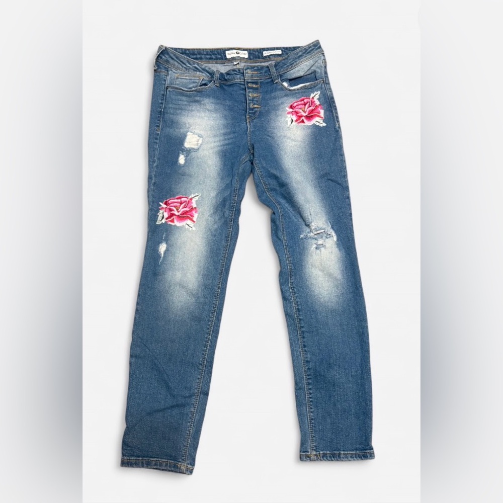 Blue Distressed Jeans with Pink Floral Embroidery